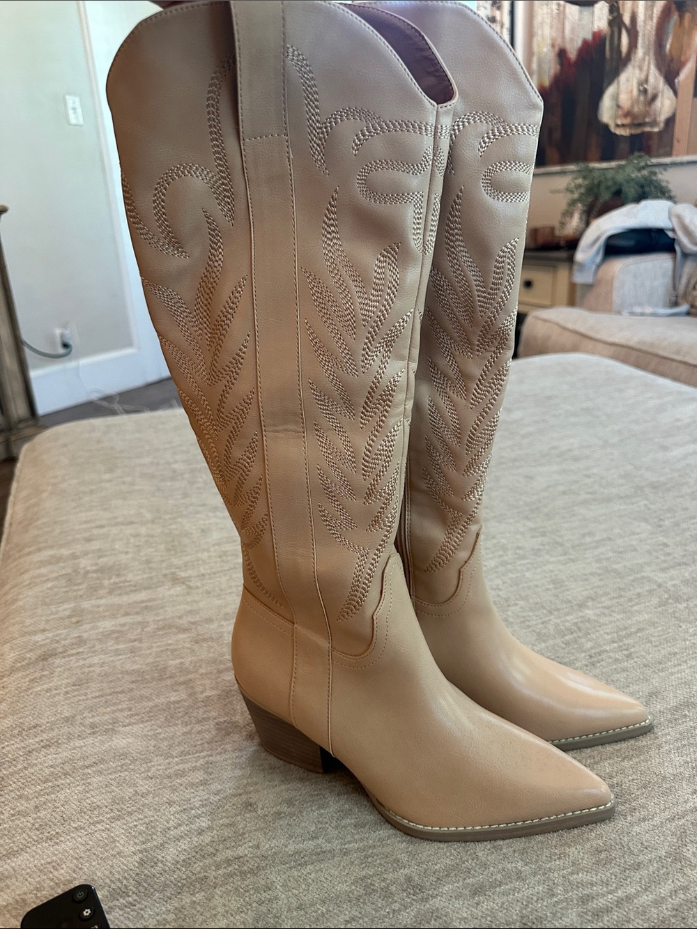 Women’s Tan Embroidered Western Knee-High Boots - Classic Pointed Toe